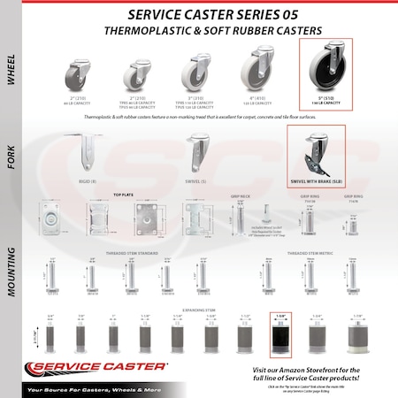 Service Caster 5 Inch Thermoplastic Rubber Wheel 1-5/8 Inch Expanding Stem Caster with Brake SCC-EX05S510-TPRS-SLB-158